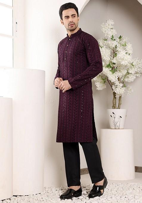 Dark Green Embellished Viscose Silk Kurta Set For Men