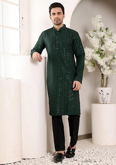 Red Embellished Viscose Silk Kurta Set For Men