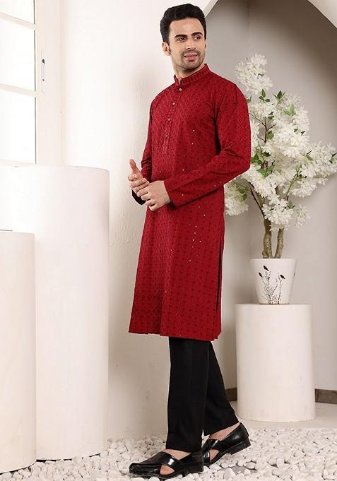 Blue Embellished Viscose Silk Kurta Set For Men