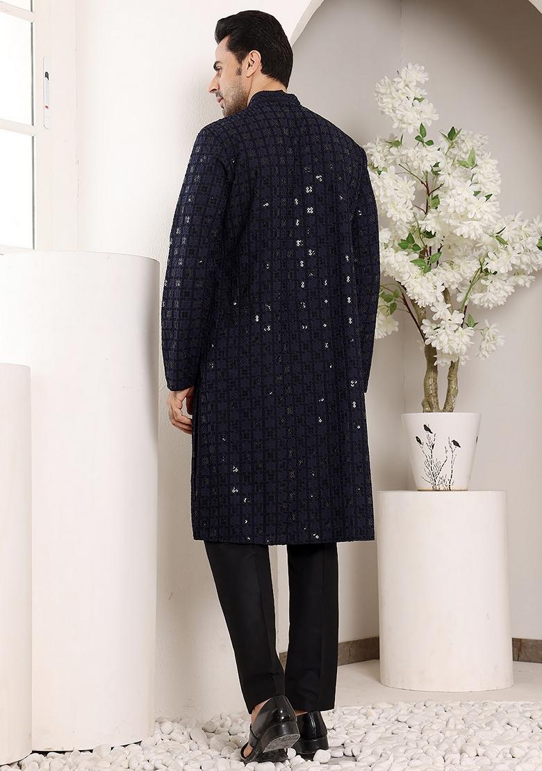 Mustard Yellow Embellished Viscose Silk Kurta Set For Men