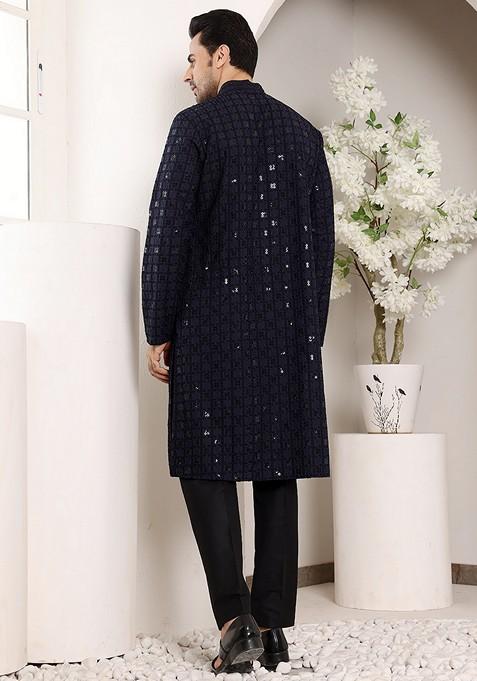 Mustard Yellow Embellished Viscose Silk Kurta Set For Men