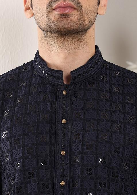 Mustard Yellow Embellished Viscose Silk Kurta Set For Men