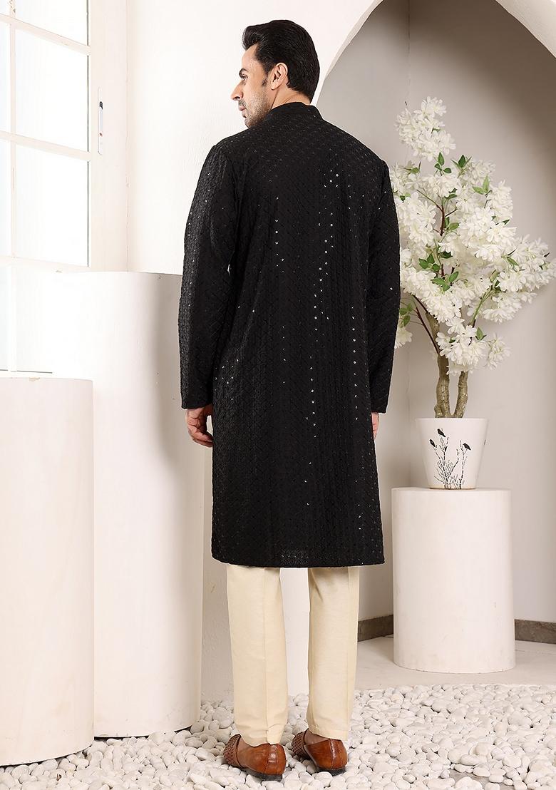 Black Embellished Ethnic Motifs Kurta Set For Men