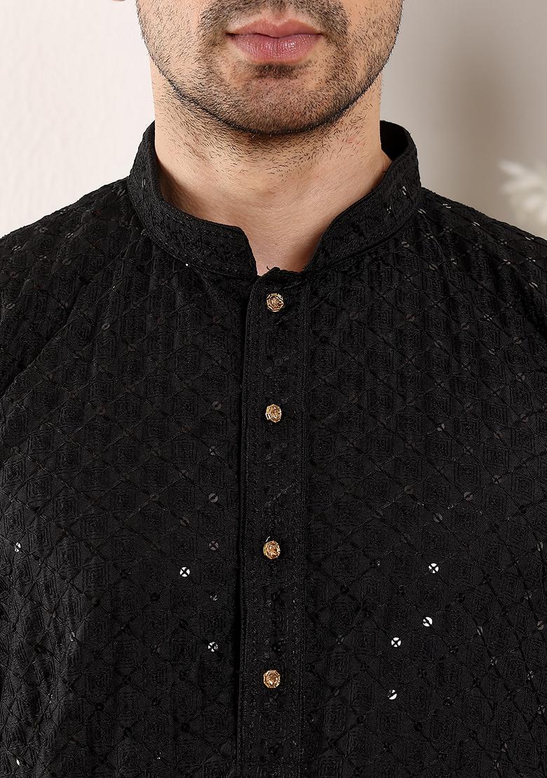 Black Embellished Ethnic Motifs Kurta Set For Men