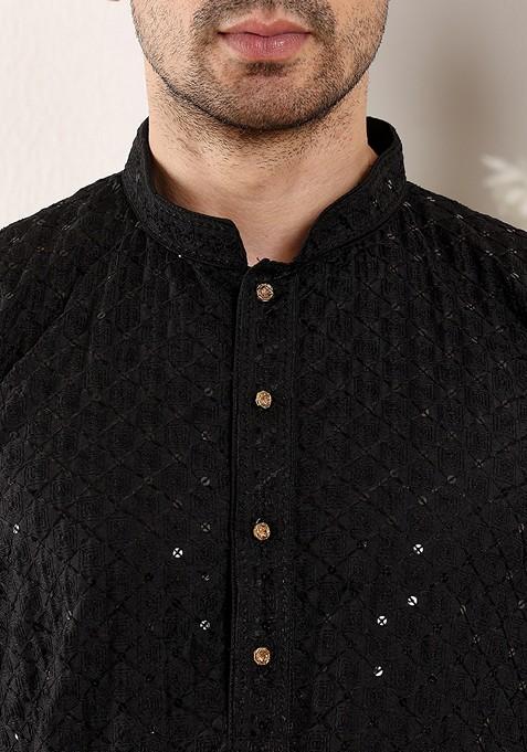 Black Embellished Ethnic Motifs Kurta Set For Men