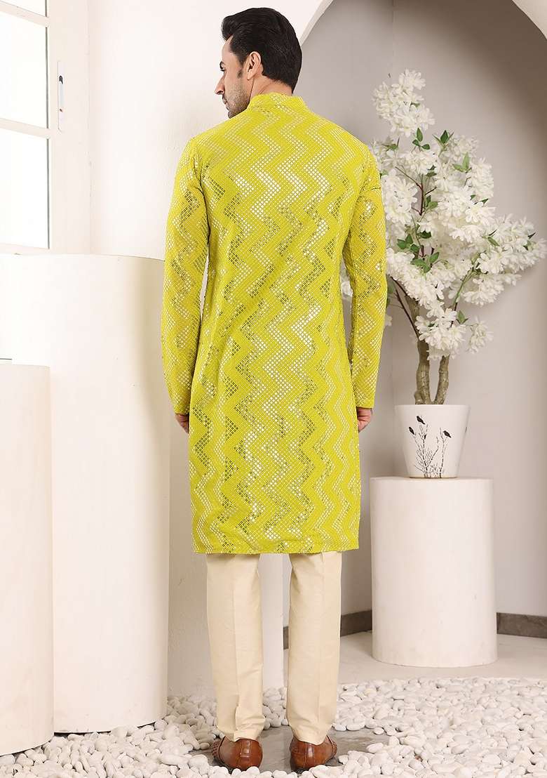 Sea Green Embellished Viscose Silk Kurta Set For Men - Indya
