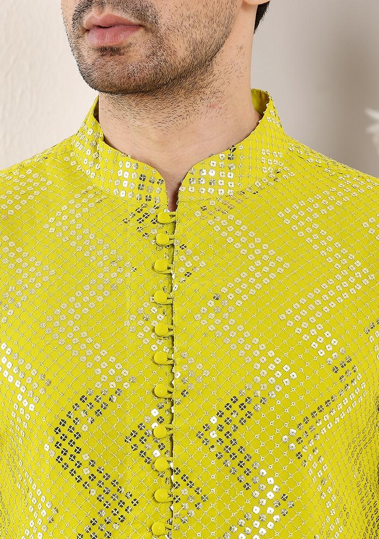 Sea Green Embellished Viscose Silk Kurta Set For Men