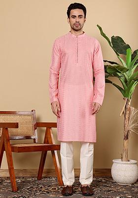Blue Embellished Viscose Silk Kurta Set For Men
