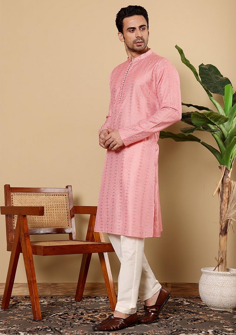 Blue Embellished Viscose Silk Kurta Set For Men
