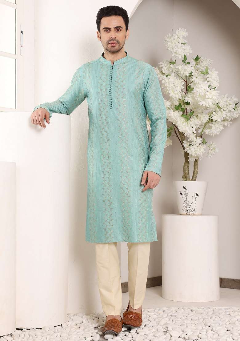 Blue Embellished Cotton Kurta Set For Men - Indya