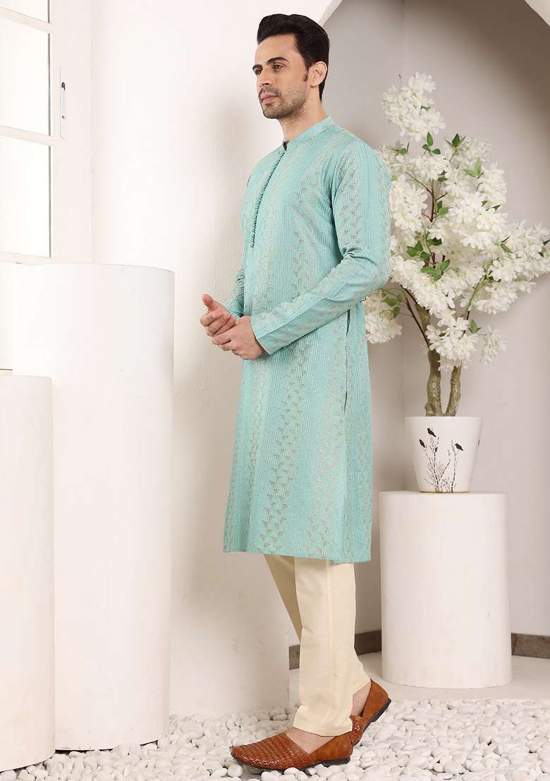 Blue Embellished Cotton Kurta Set For Men - Indya