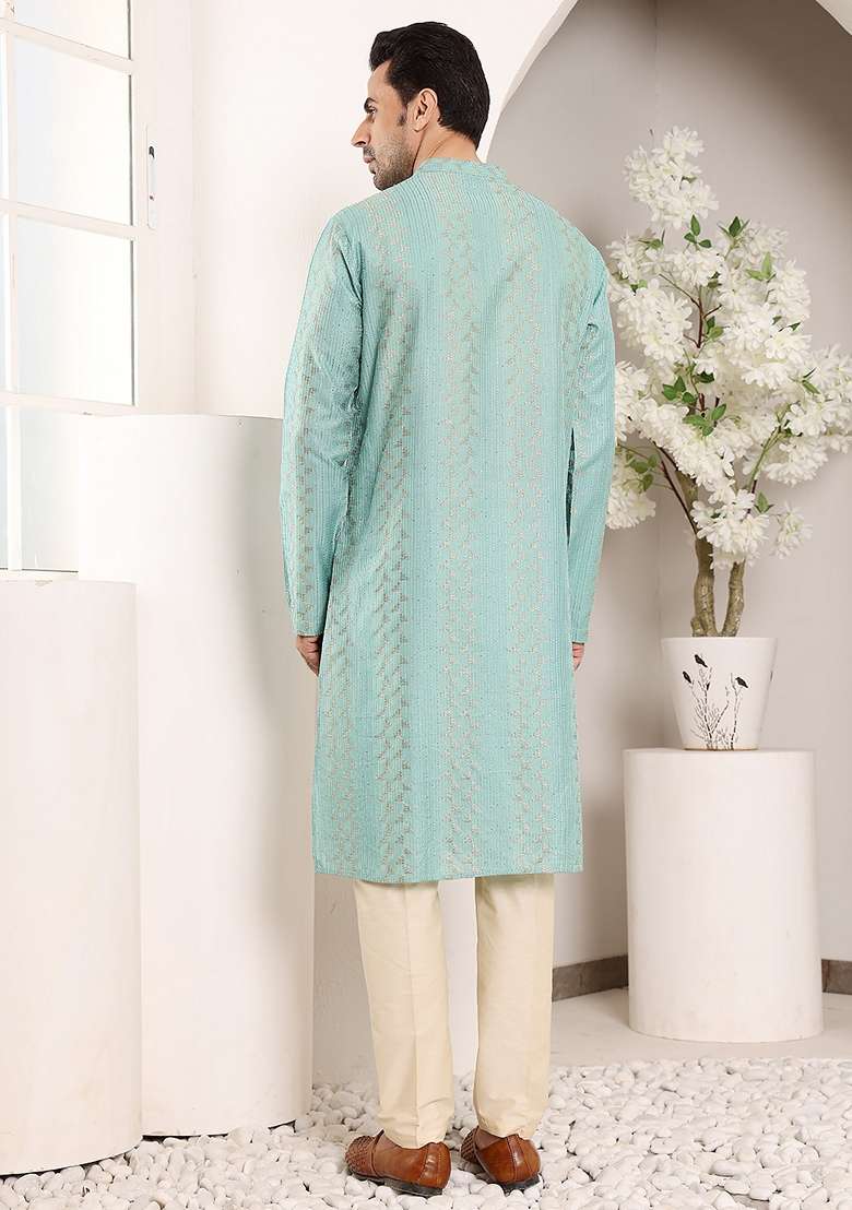 Blue Embellished Cotton Kurta Set For Men - Indya