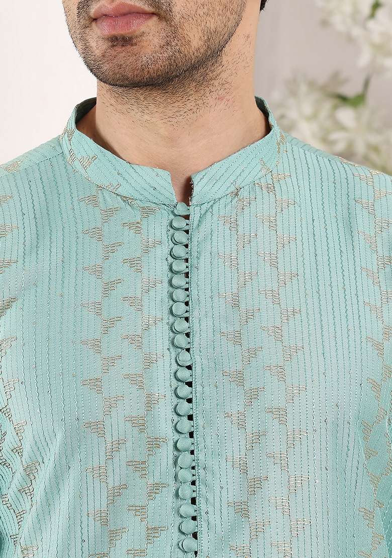 Blue Embellished Cotton Kurta Set For Men - Indya