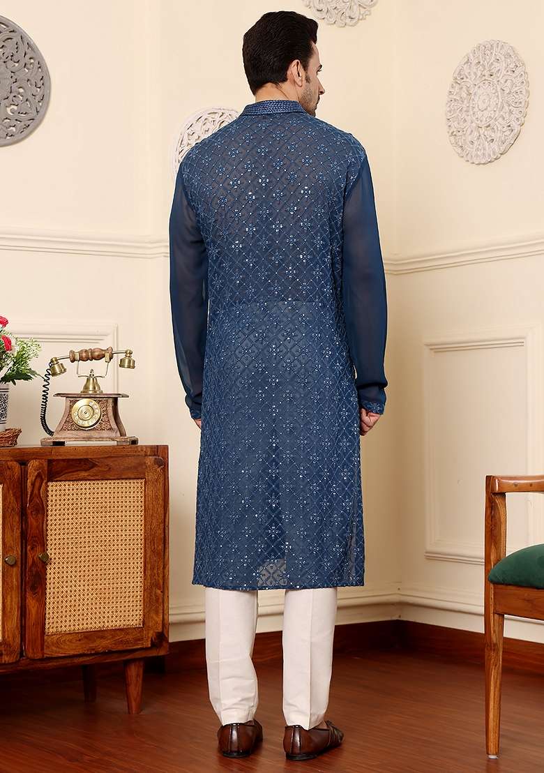 Grey Embellished Viscose Georgette Kurta Set For Men - Indya