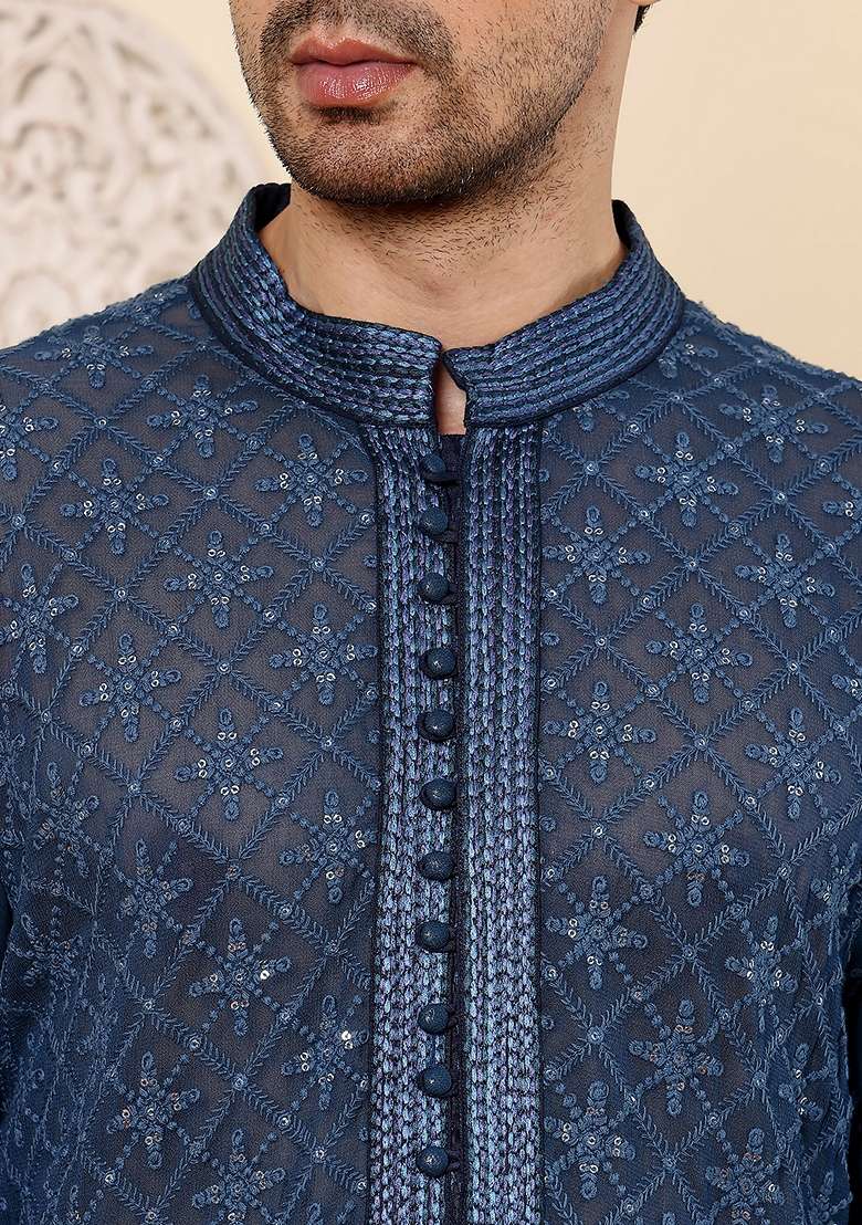 Grey Embellished Viscose Georgette Kurta Set For Men - Indya