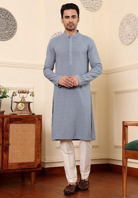 Blue Embellished Rayon Silk Kurta Set For Men