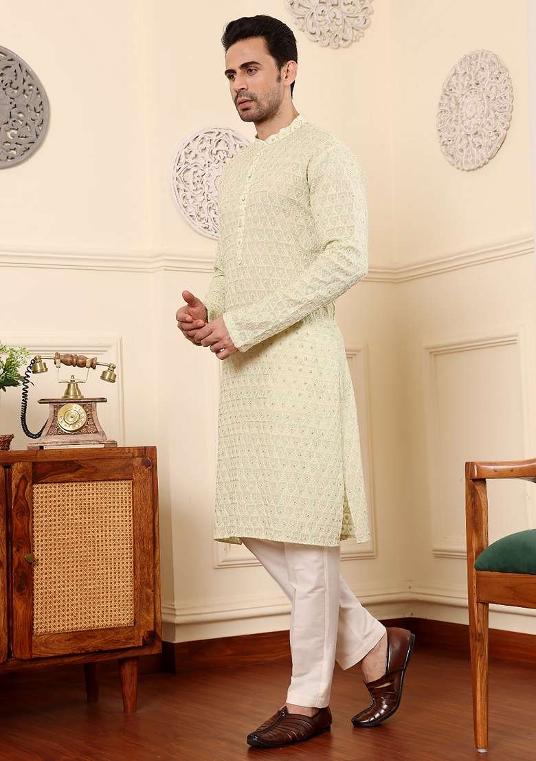 Red Embellished Rayon Silk Kurta Set For Men - Indya