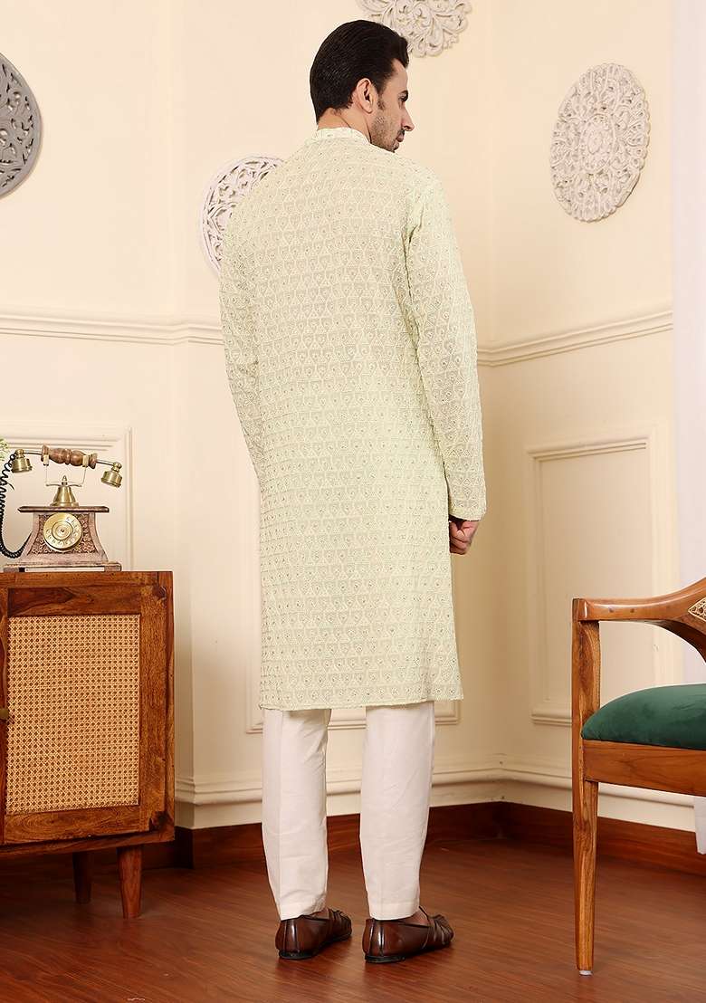 Red Embellished Rayon Silk Kurta Set For Men - Indya