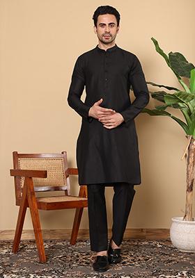 Black Embellished Ethnic Motifs Kurta Set For Men