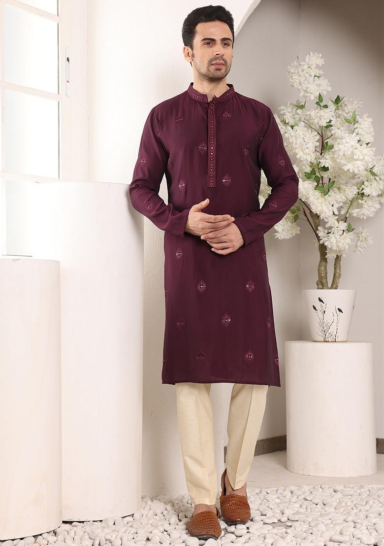 Dark Red Embellished Viscose Silk Kurta Set For Men