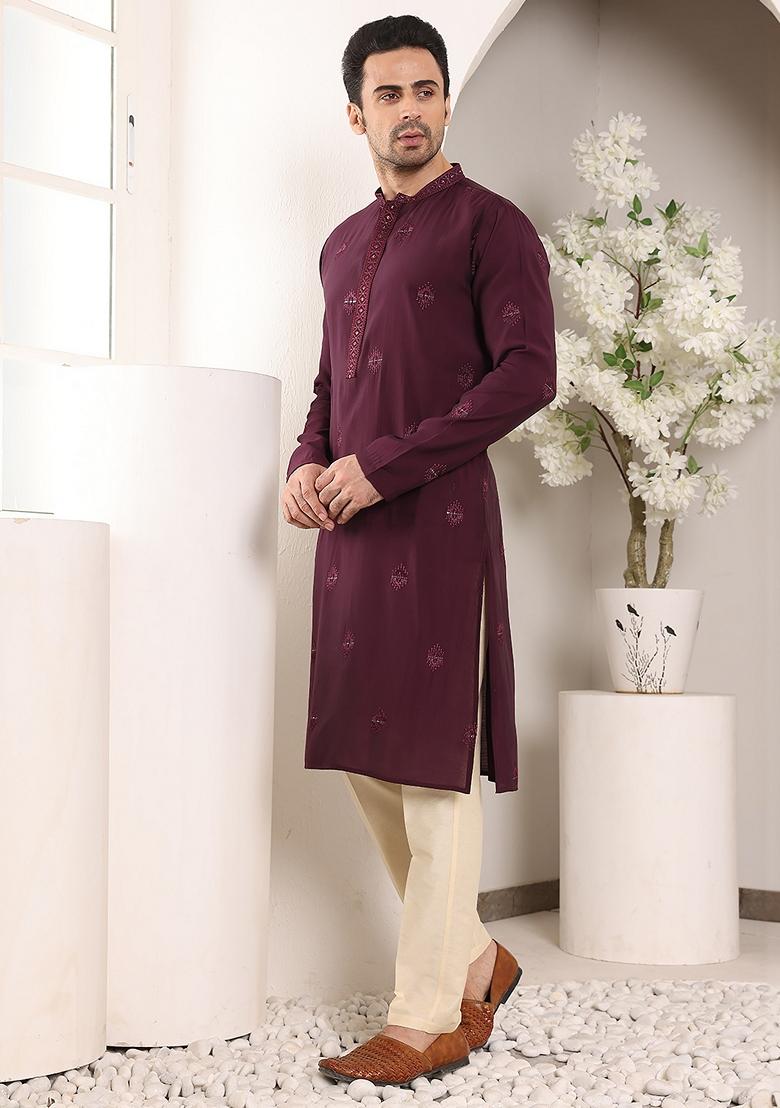 Dark Red Embellished Viscose Silk Kurta Set For Men