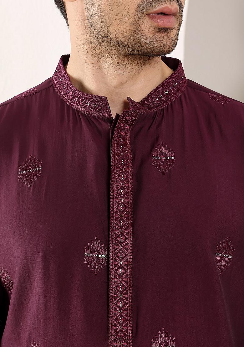 Dark Red Embellished Viscose Silk Kurta Set For Men