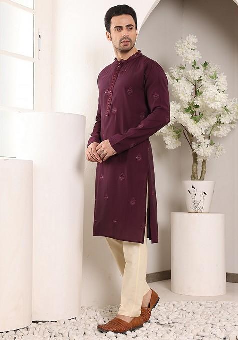 Dark Red Embellished Viscose Silk Kurta Set For Men