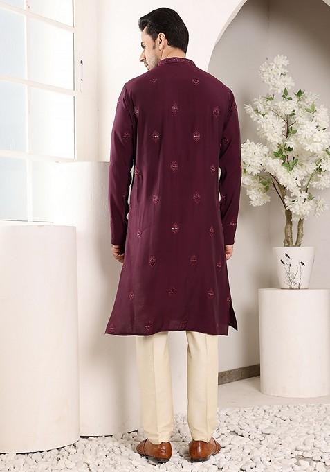 Dark Red Embellished Viscose Silk Kurta Set For Men