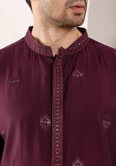 Dark Red Embellished Viscose Silk Kurta Set For Men