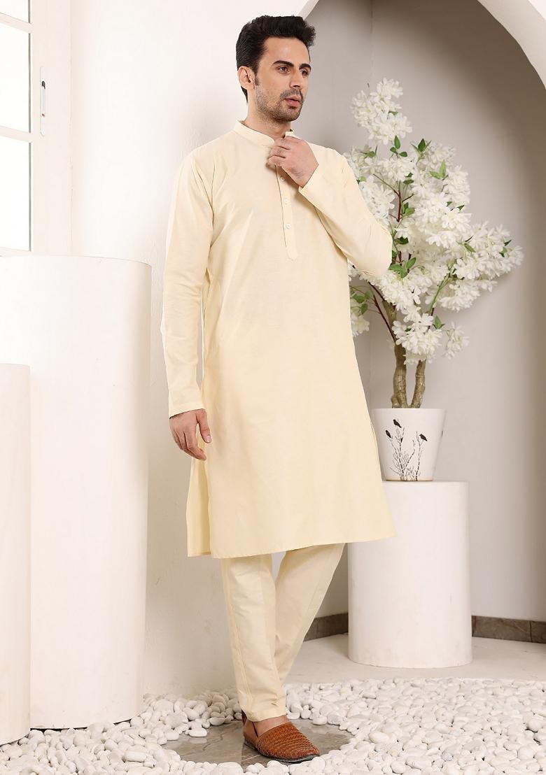 Cream Solid Viscose Silk Kurta Set For Men