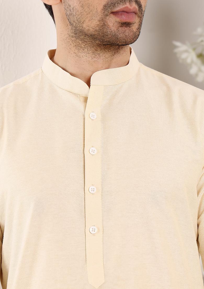Cream Solid Viscose Silk Kurta Set For Men