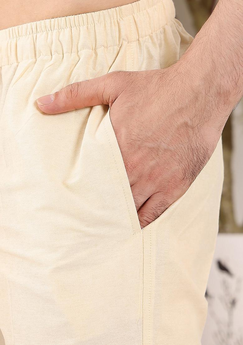 Cream Solid Viscose Silk Kurta Set For Men