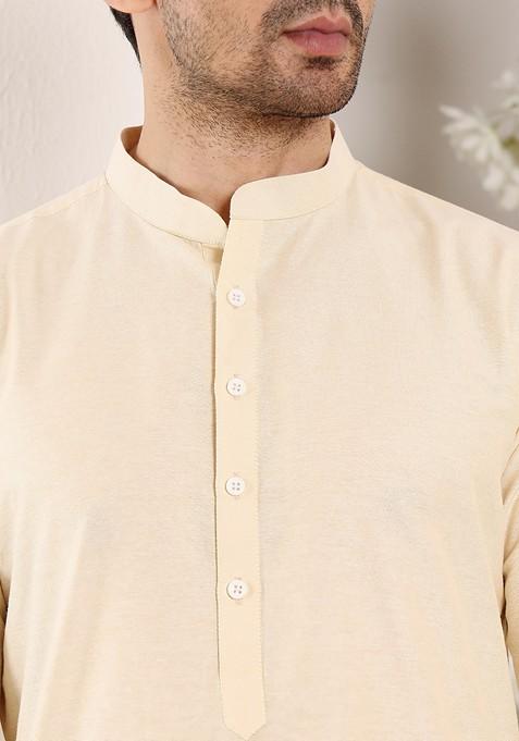 Cream Solid Viscose Silk Kurta Set For Men