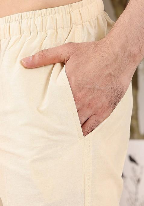 Cream Solid Viscose Silk Kurta Set For Men