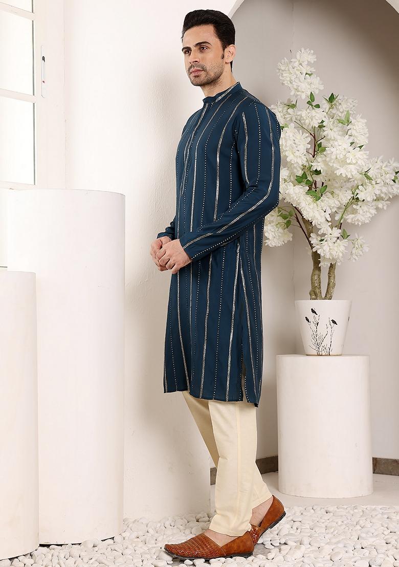 Pink Embellished Viscose Silk Kurta Set For Men