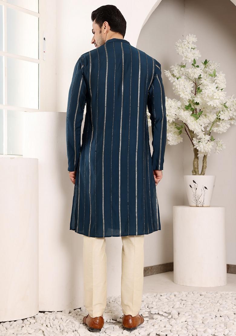 Pink Embellished Viscose Silk Kurta Set For Men