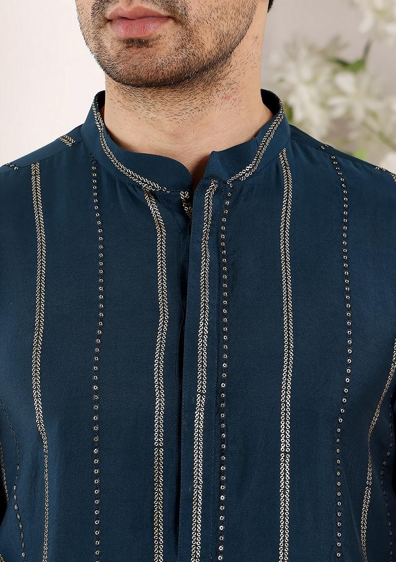 Pink Embellished Viscose Silk Kurta Set For Men