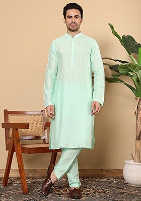 Sea Green Solid Ethnic Motifs Kurta Set For Men