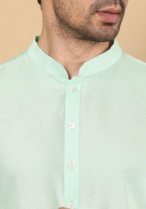 Sea Green Solid Ethnic Motifs Kurta Set For Men