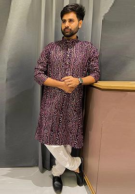 Wine Embroidered Viscose Kurta Set For Men
