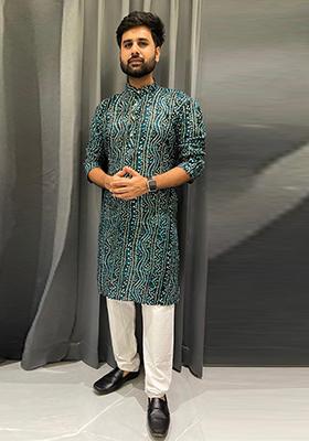 Teal Blue Embroidered Viscose Kurta Set For Men