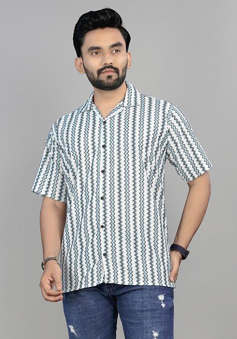 White And Blue Embroidered Pure Knit Circular Shirt For Men