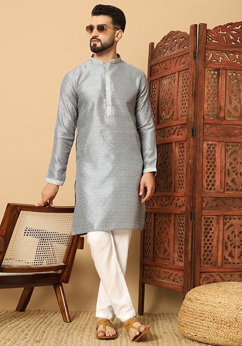 Charcoal Black Embroidered Viscose Kurta Set For Men