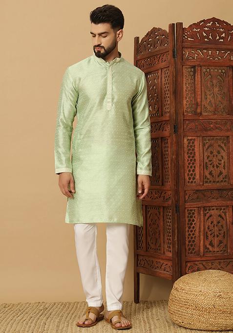 Mint Green Embroidered Viscose Kurta Set For Men