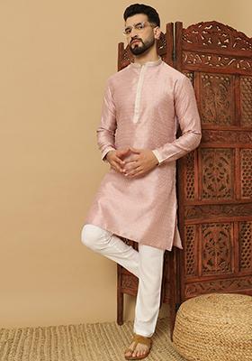 Purple Embroidered Viscose Kurta Set For Men