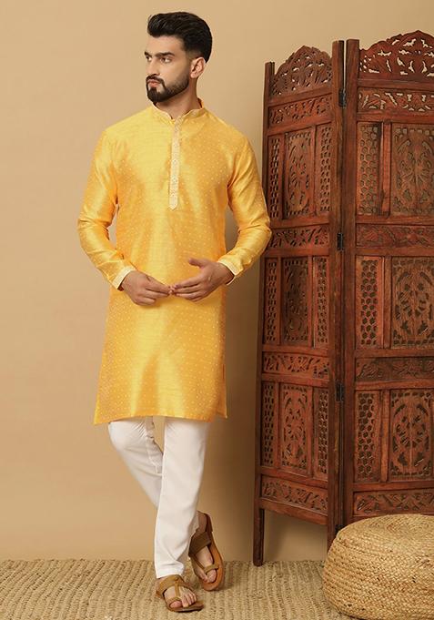 Yellow Embroidered Viscose Kurta Set For Men