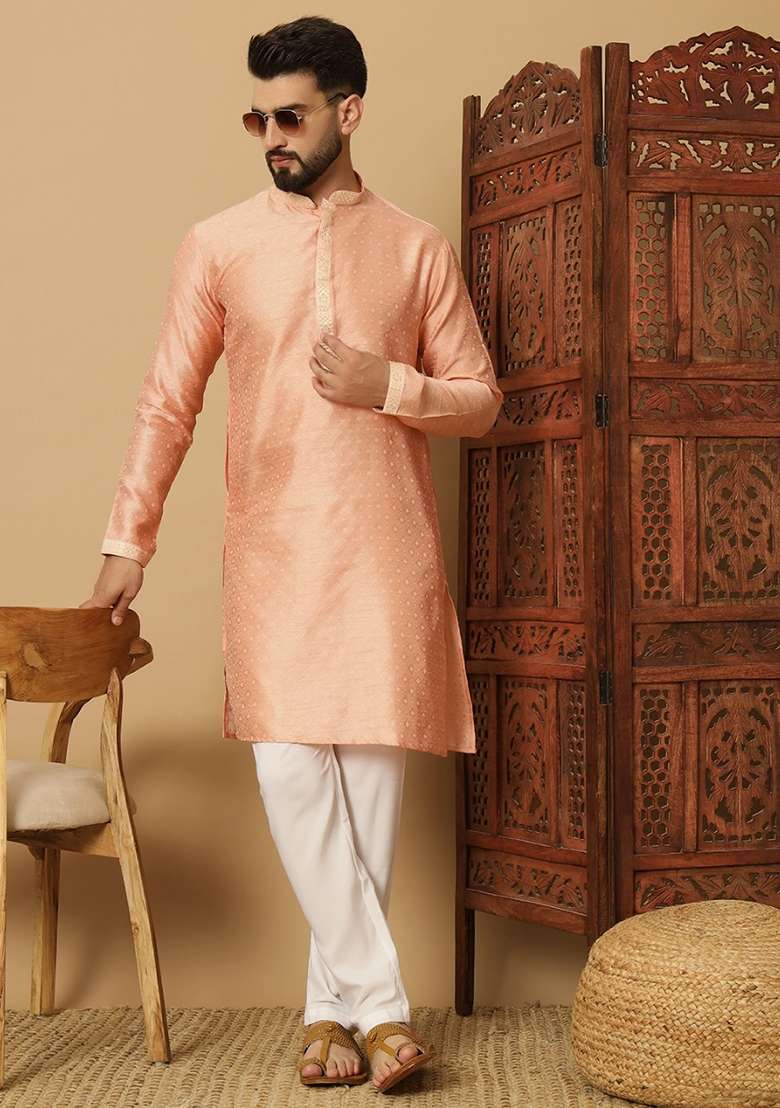 Peach Embroidered Viscose Kurta Set For Men - Indya