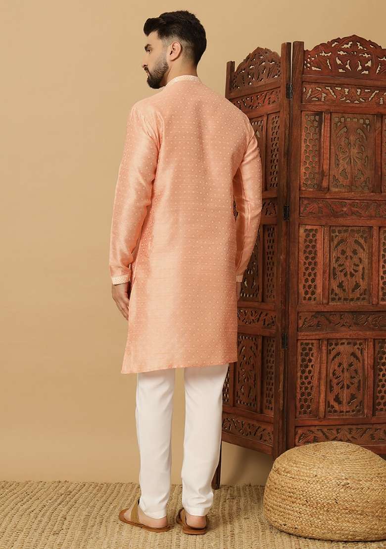 Peach Embroidered Viscose Kurta Set For Men - Indya
