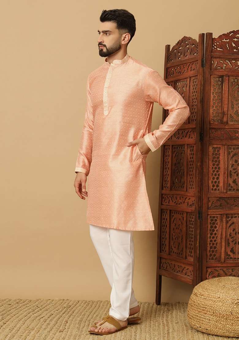 Peach Embroidered Viscose Kurta Set For Men - Indya