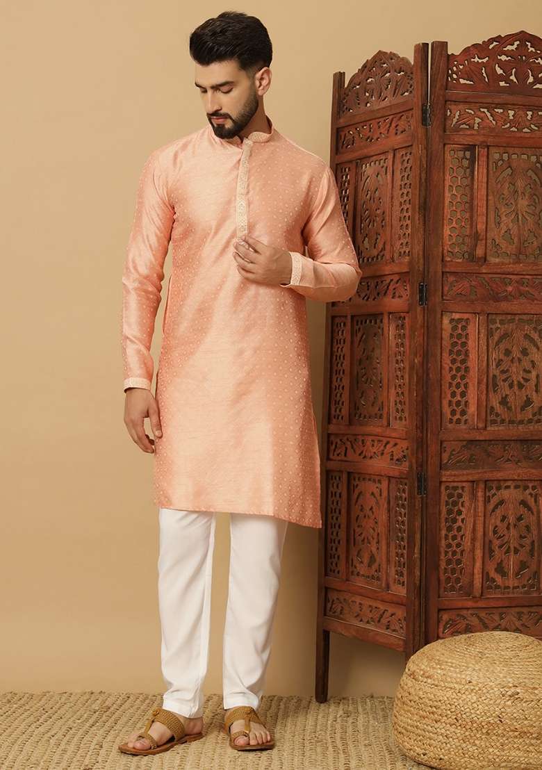 Peach Embroidered Viscose Kurta Set For Men - Indya